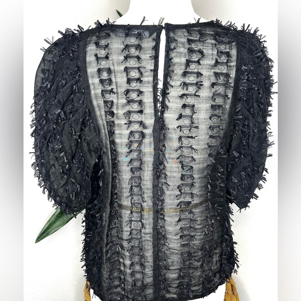 Zara top Black Eyelash Fringe Balloon Sleeve Blouse short sleeve women’s shirt - Picture 4 of 5
